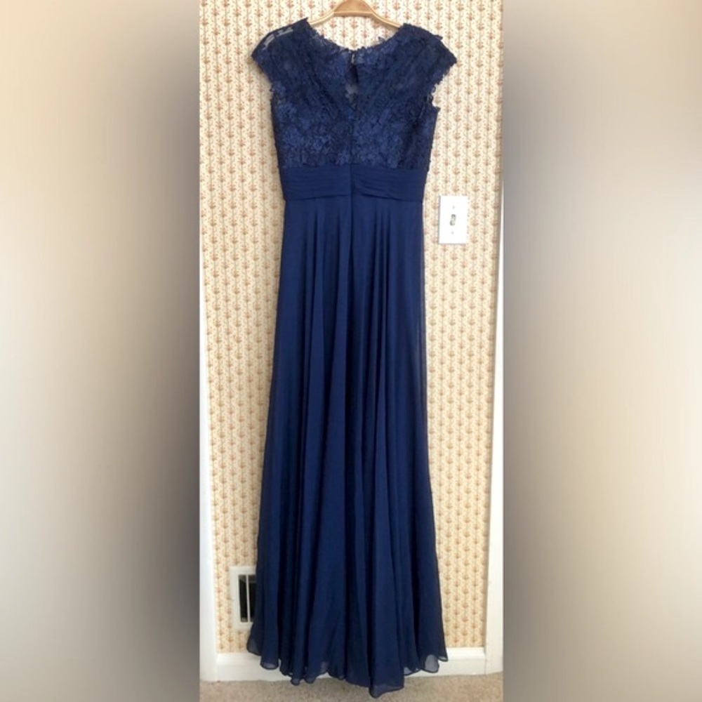 La Femme Lace Chiffon Maxi Evening Gown in Navy | 6 - Picture 4 of 8
